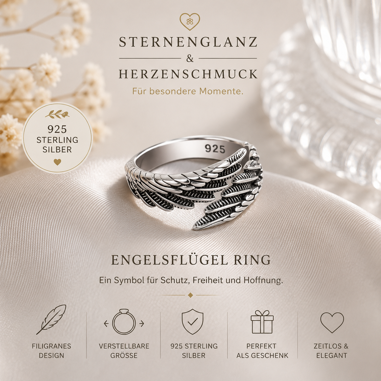 925 Sterling Silber Engelsflügel Ring – Verstellbar & Elegant