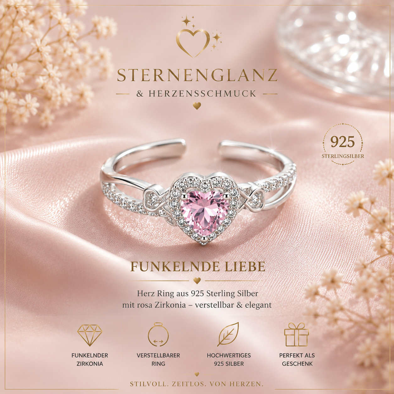 925 Sterling Silber Herz Ring mit Rosa Zirkonia – Verstellbarer Damenring