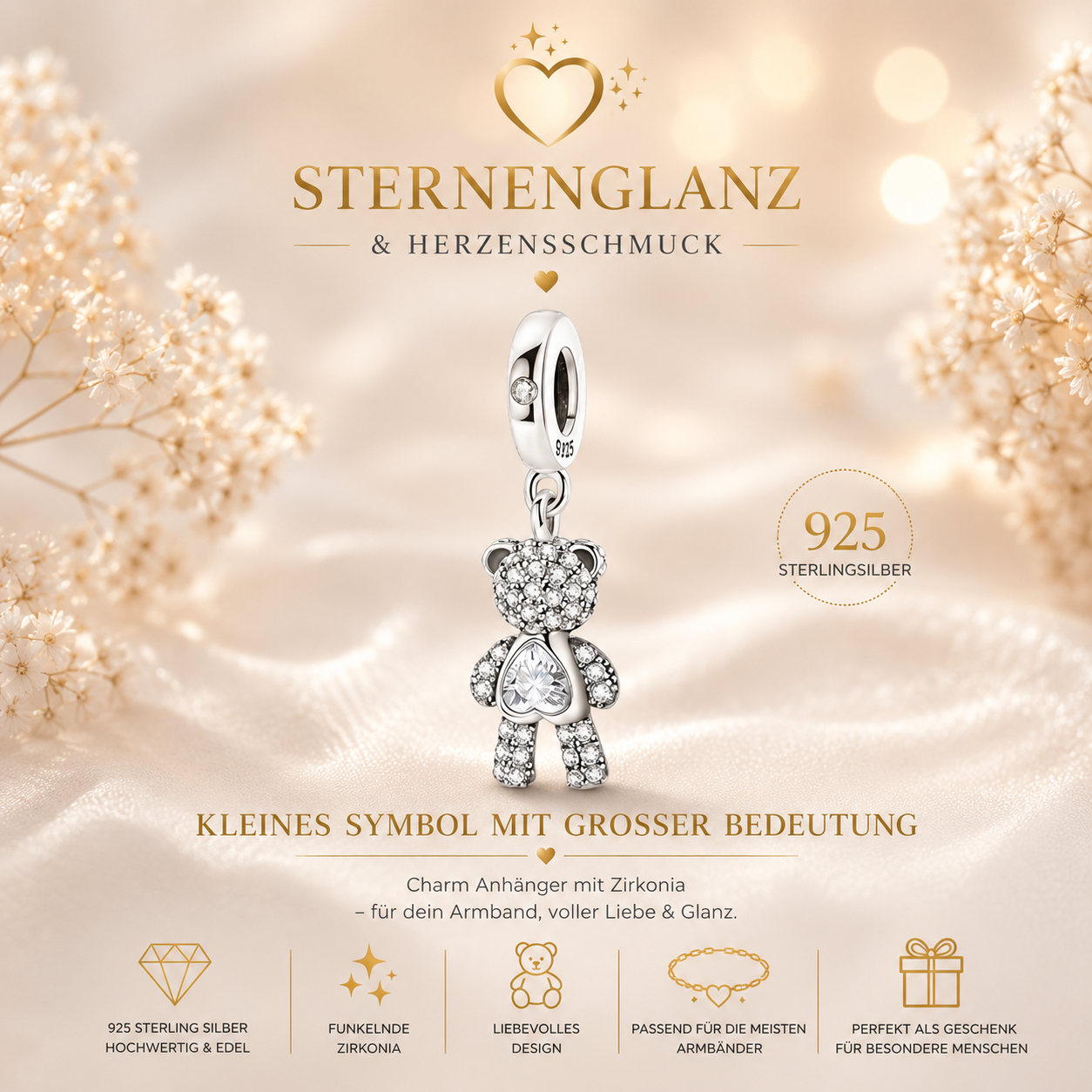 925 Sterling Silber Charm Anhänger mit CZ Zirkonia –Bär