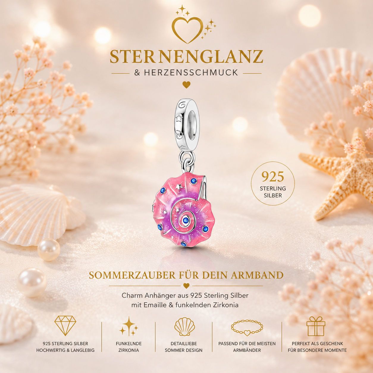 925 Sterling Silber Sommer Charms –Muschel