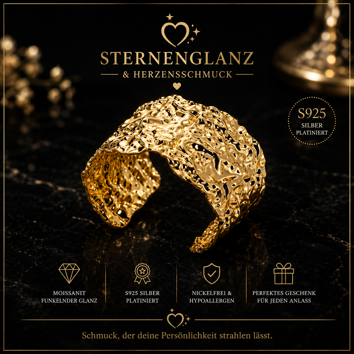 Goldfarbener Armreif aus Edelstahl – Eleganter Damen Armreif mit klassischem Muster