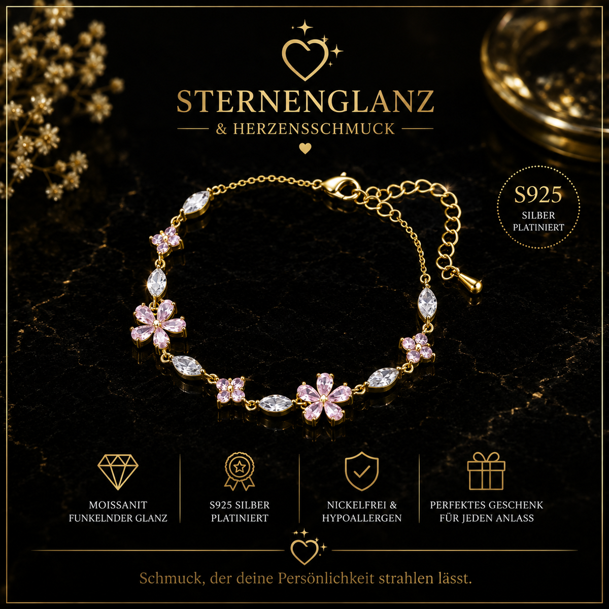Goldfarbenes Blumen Armband mit bunten Zirkonia – Verstellbares Damen Armband