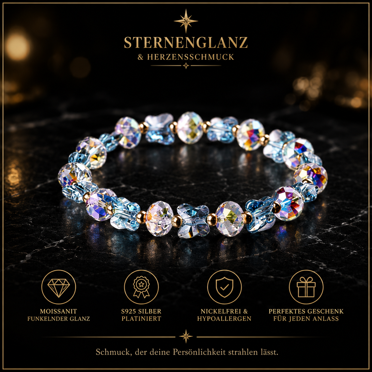 Schmetterling Perlenarmband mit Kristallen – Elastisches Damen Armband