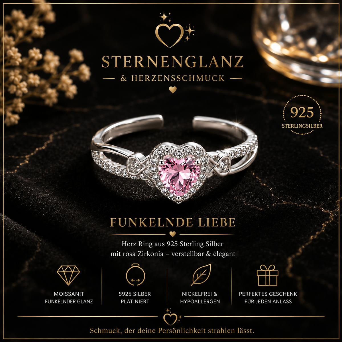 925 Sterling Silber Herz Ring mit Rosa Zirkonia – Verstellbarer Damenring