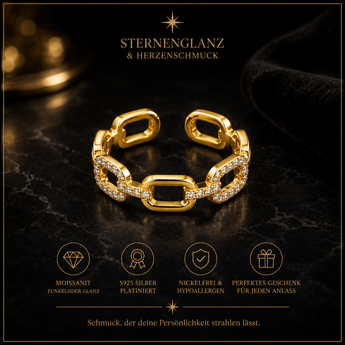 Twist Ring Damen aus Edelstahl mit Zirkonia – Geometrischer Offener Ring in Gold