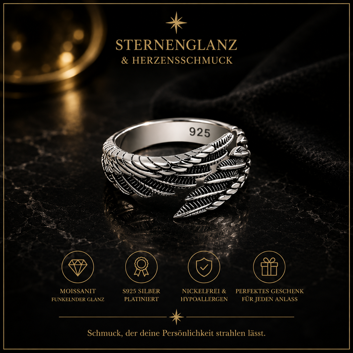 925 Sterling Silber Engelsflügel Ring – Verstellbar & Elegant