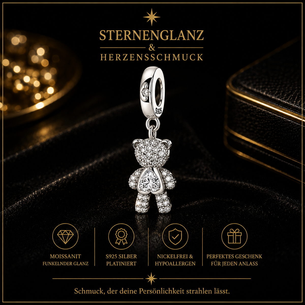 925 Sterling Silber Charm Anhänger mit CZ Zirkonia –Bär