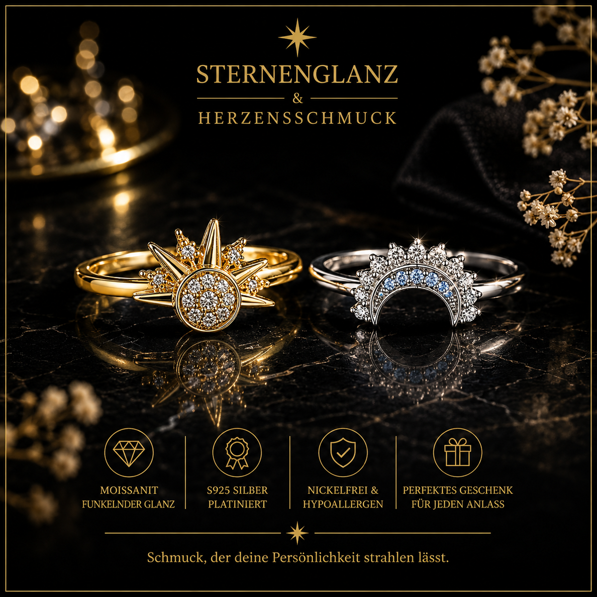 925 Sterling Silber Sonnen- & Mond Ring Set – Paarringe mit Zirkonia