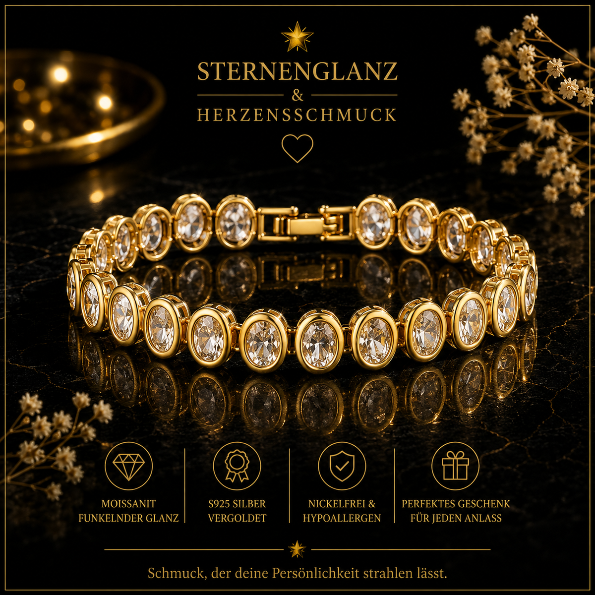 14K Vergoldetes Büroklammer-Armband mit Zirkonia – Verstellbares Damen Gliederarmband