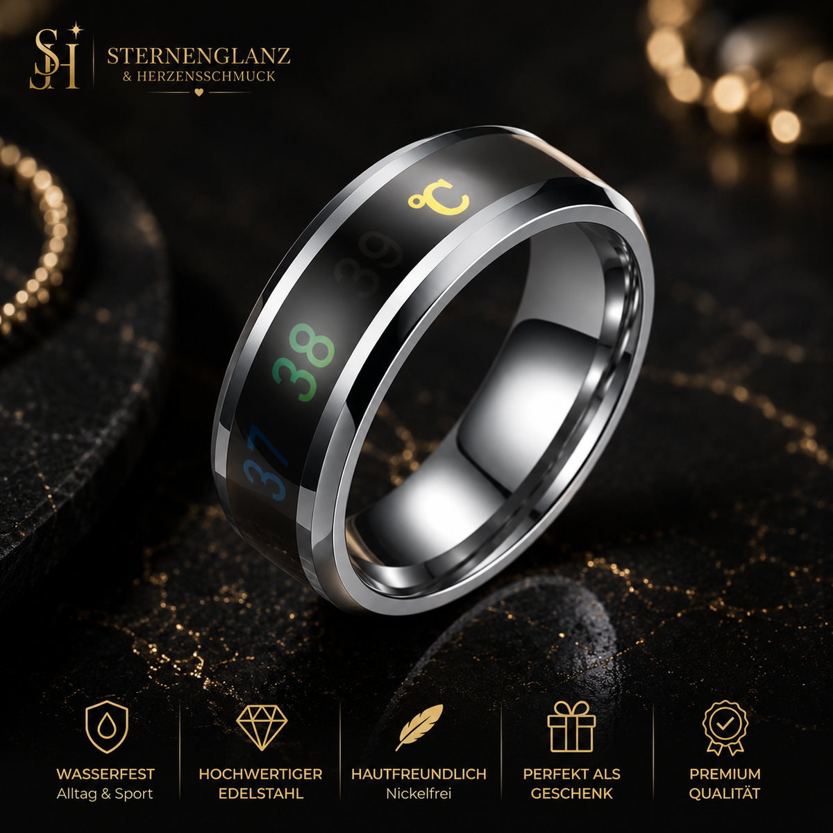 Silberner Argentis Smart Ring aus Edelstahl mit temperaturabhängiger Anzeige auf dunklem Premium-Hintergrund.