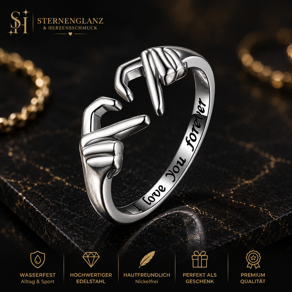 Herz Hand Umarmungsring für Damen und Herren, verstellbarer Paarring mit I Love You Forever Gravur