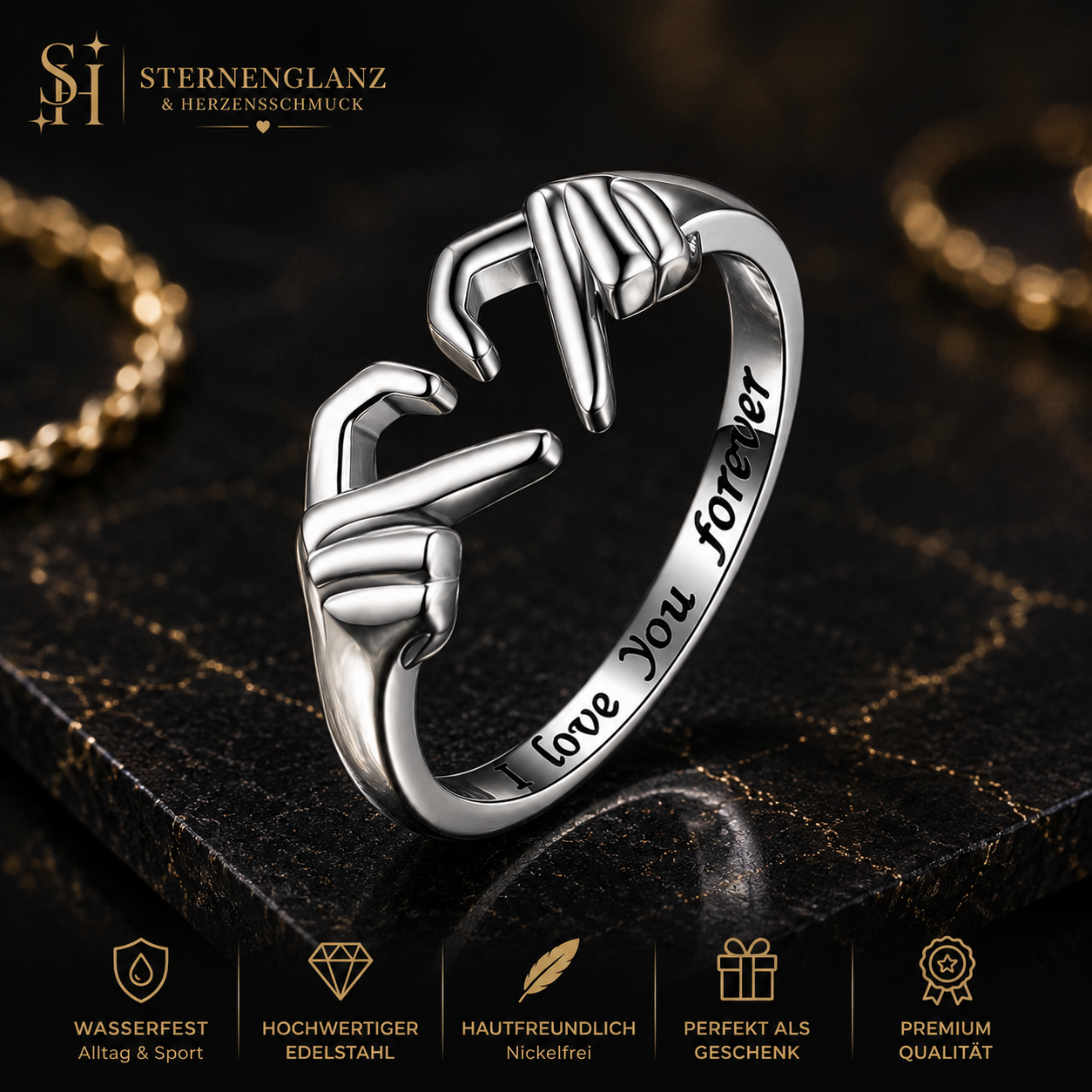 Herz Hand Umarmungsring für Damen und Herren, verstellbarer Paarring mit I Love You Forever Gravur