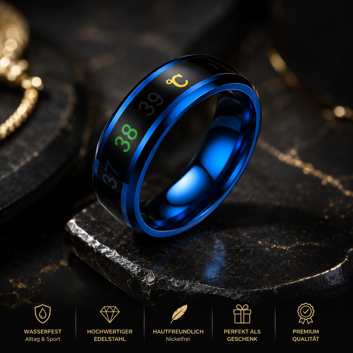 Blauer intelligenter Multifunktionsring aus Edelstahl auf dunklem Naturstein mit hochwertiger Premium-Optik.
