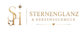 Goldenes Logo von Sternenglanz & Herzensschmuck mit Monogramm SH und eleganter Wortmarke auf schwarzem Hintergrund.